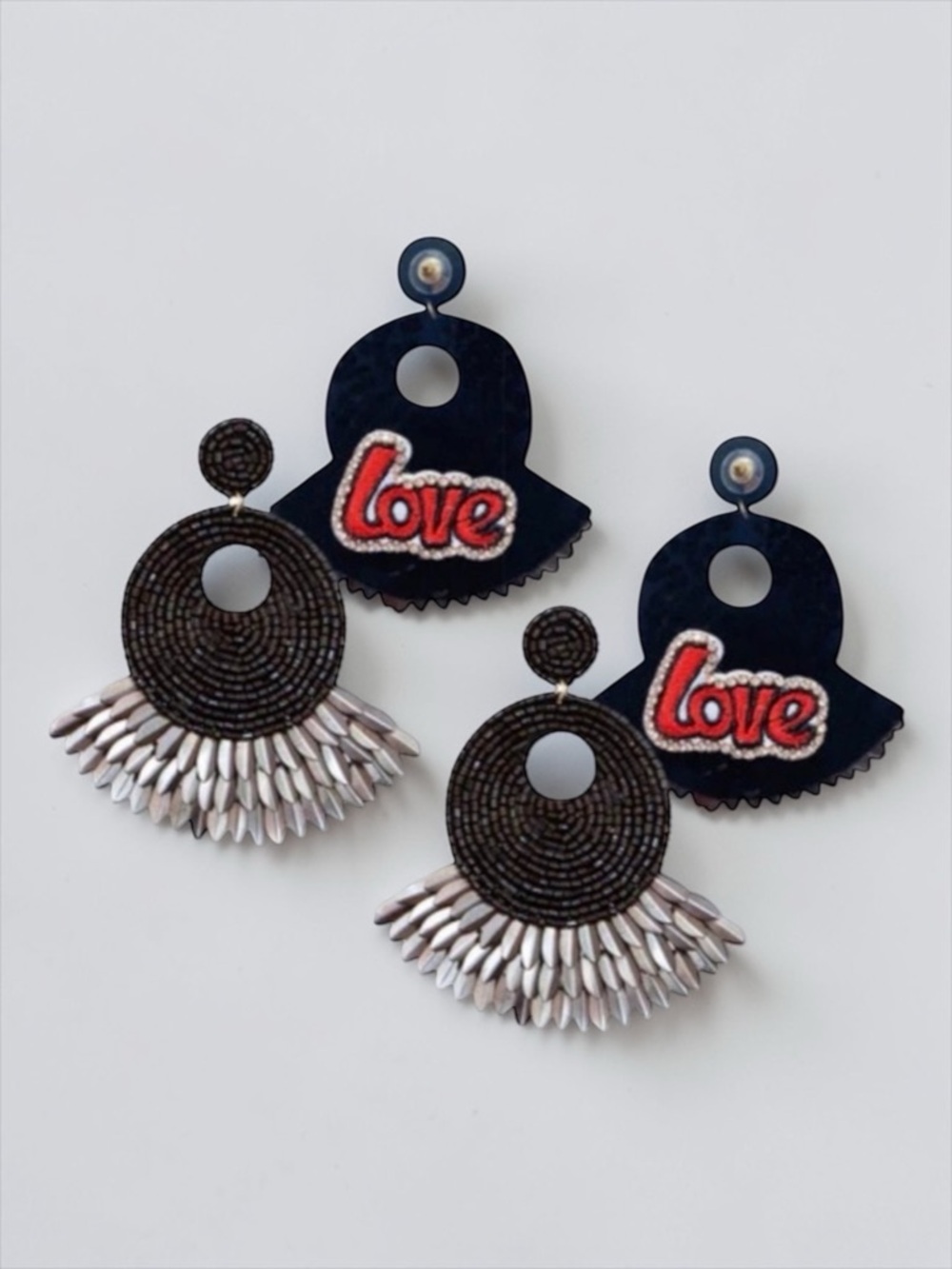LOVE Statement Earrings Black Beaded Fringe Tassel Drop Earrings NWT